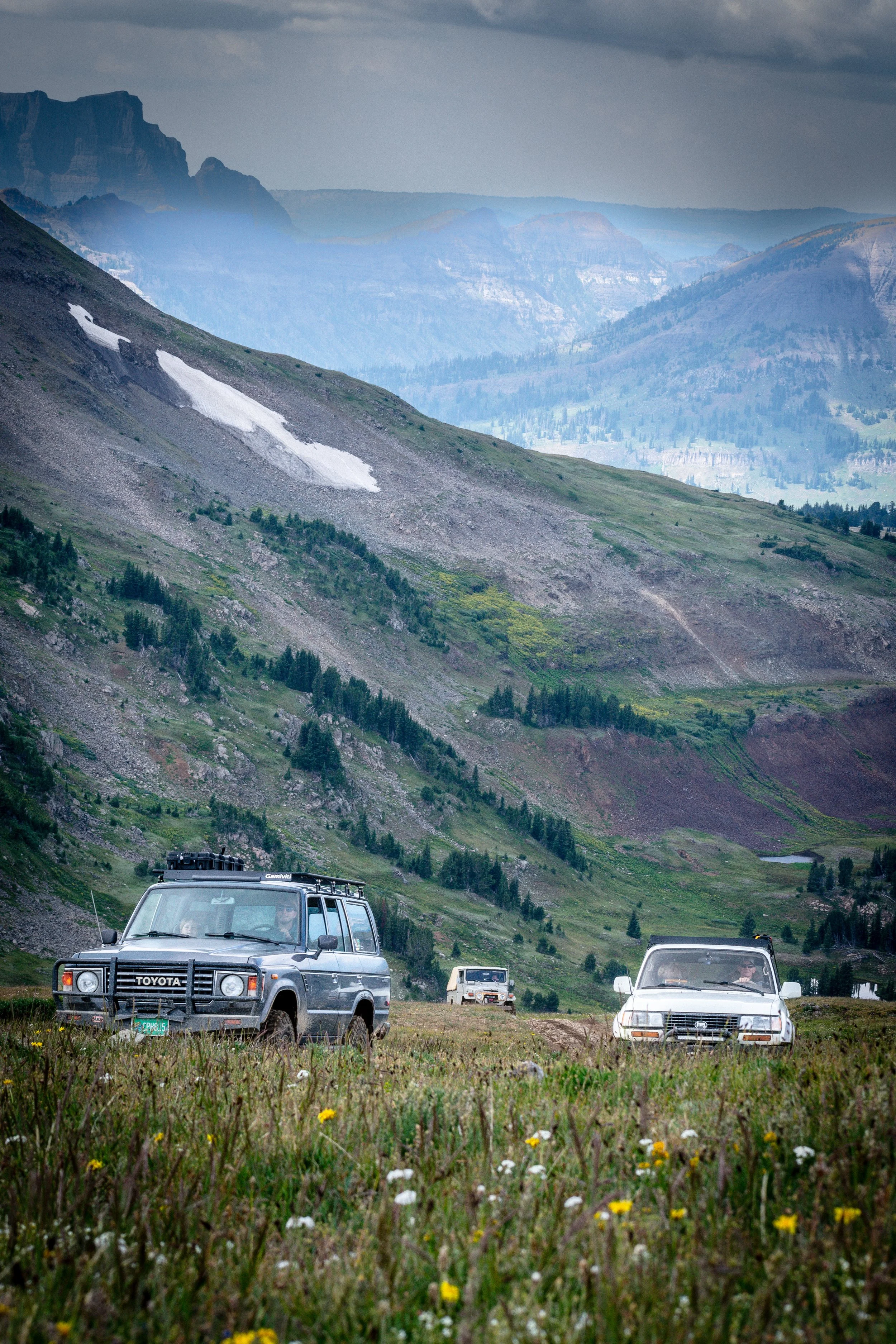 Several cars parked on a grassy field with mountains in the background, some showing patches of snow, under a cloudy sky.