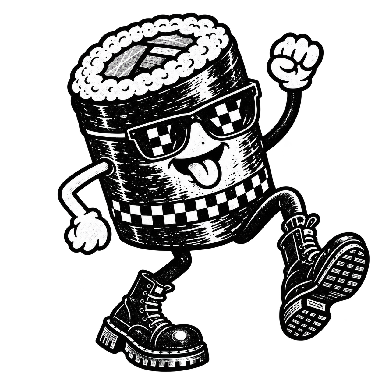 Cartoon sushi roll character with sunglasses, sneakers, and a checkered belt, smiling with tongue out, arms raised in excitement.