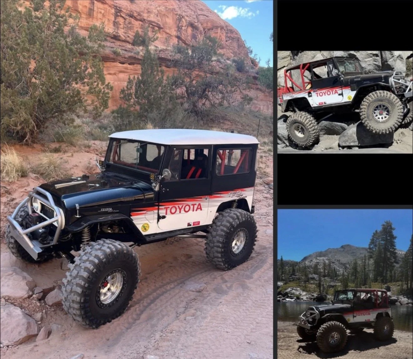 A detailed scale model of a Toyota off-road vehicle with large tires, in a desert landscape, with rocky mountains and trees in the background.
