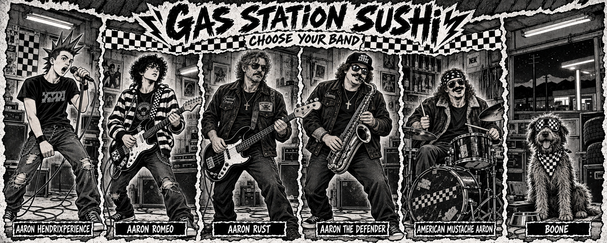 Black and white illustration of a band called Gass Station Sushi performing in a music store, with band members labeled as Aaron Hendrixperience, Aaron Romeo, Aaron Rust, Aaron the Defender, American Mustache Aaron, and a dog named Boone. The band members are playing different instruments, and a sign above them reads 'Choose Your Band'.