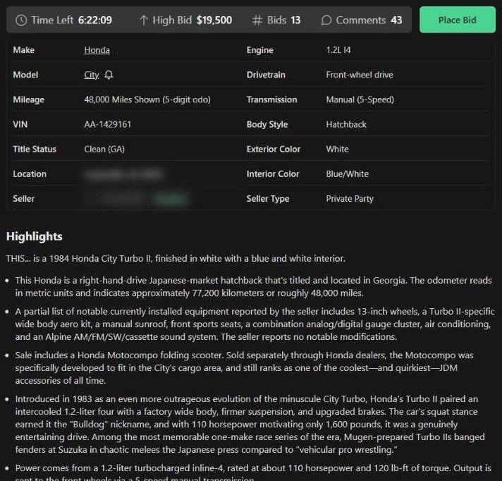 Screenshot of the Cars and Bids listing for the 1984 Honda City Turbo II showing the high bid, quick facts and highlights