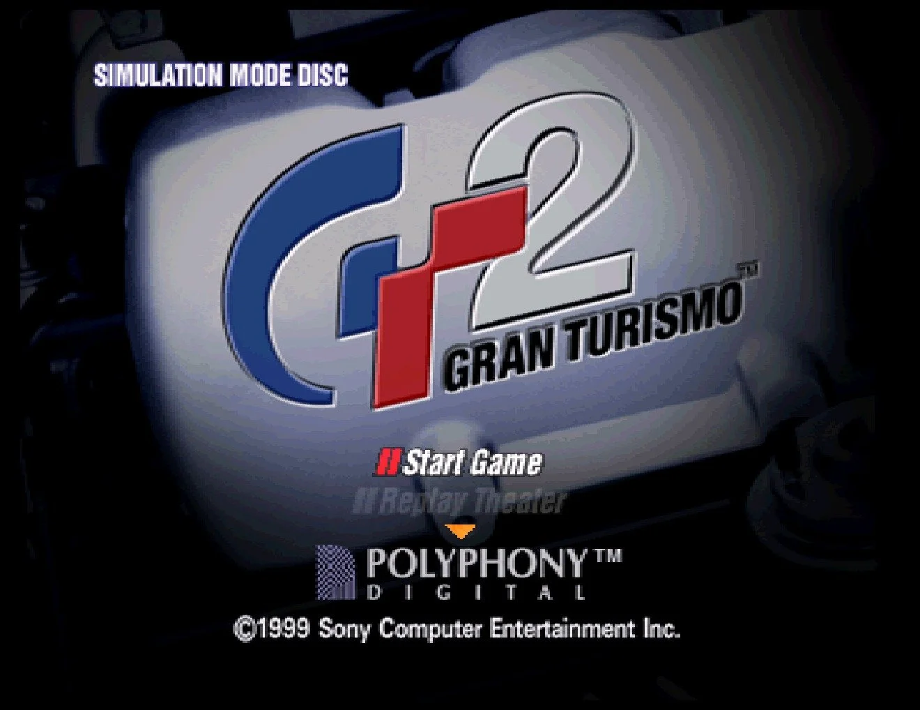 Gran Turismo 2 Simulation Mode disc title screen with the GT2 logo
