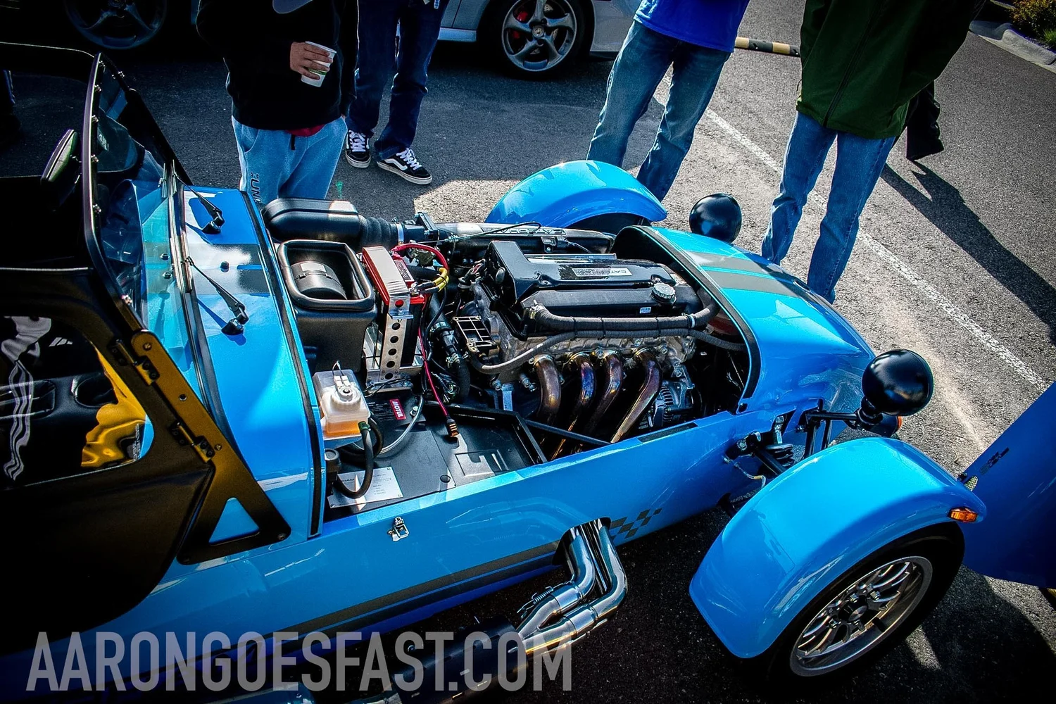 Overhead view of the Ford Duratec engine bay and stainless header on the Caterham Seven 360
