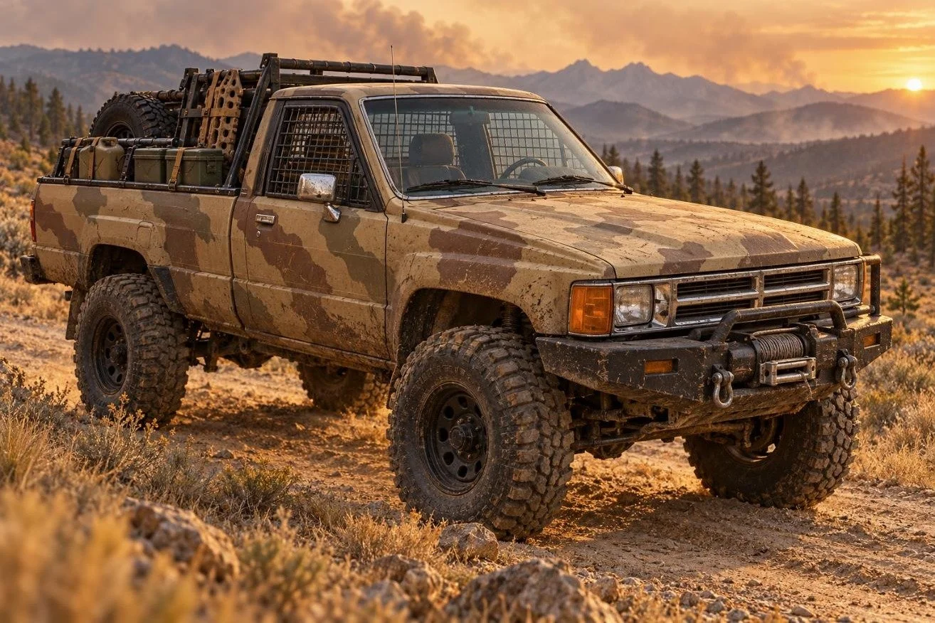 1980s Toyota 4x4 pickup with a lift, flat tan paint, spare tires in the bed and mesh window grates