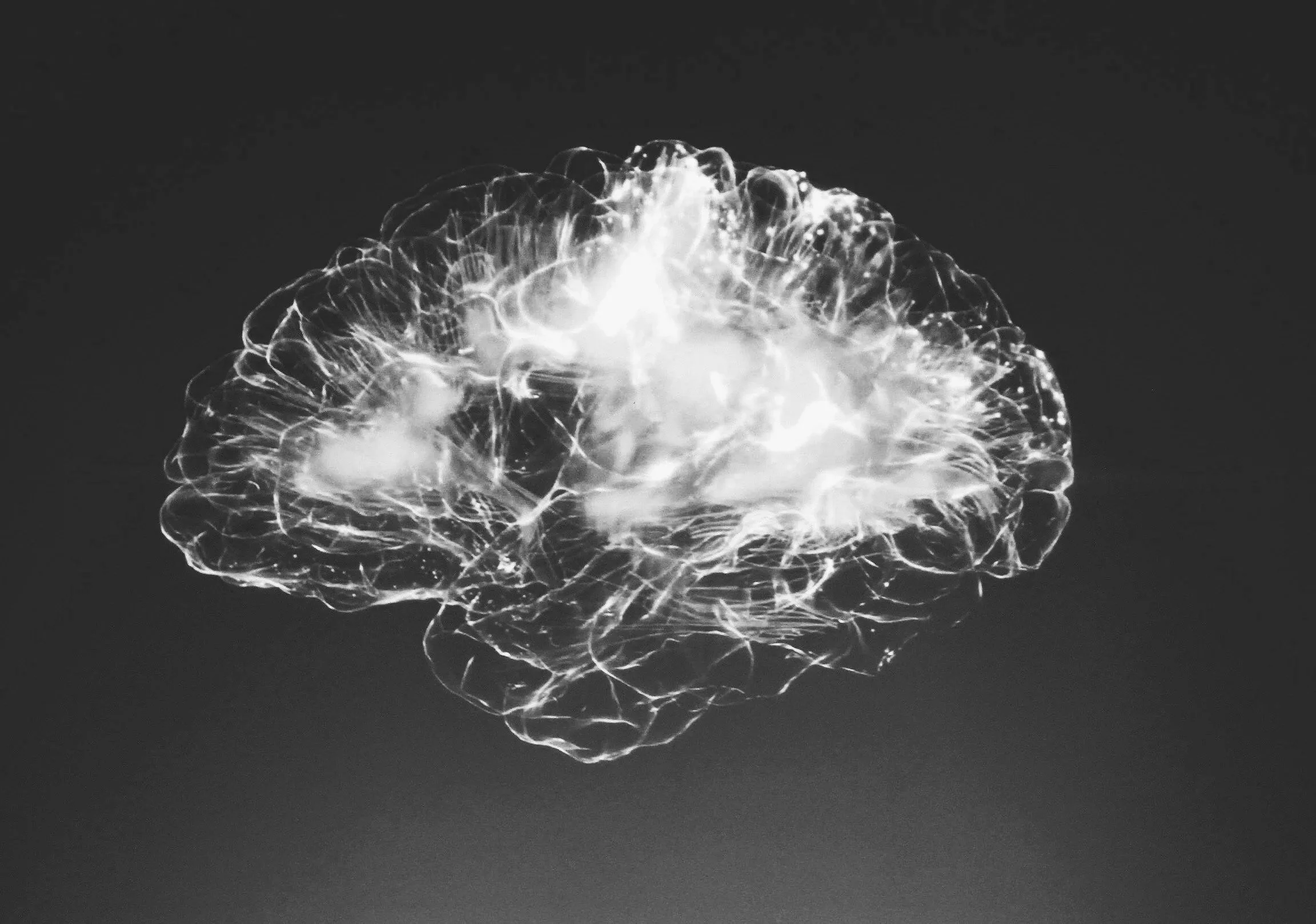 A black and white image of a glowing, semi-transparent brain with intricate neural connections visible against a dark background.