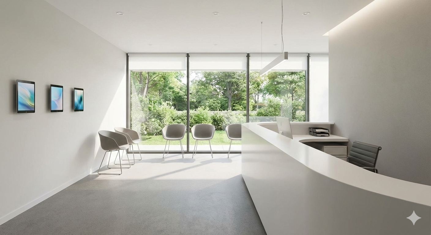 Modern, minimalistic medical office reception area with white walls, gray carpet, large window with greenery outside, black chairs, a white curved reception desk, and wall-mounted screens.