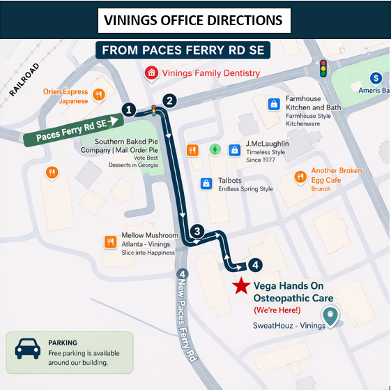 Map showing directions from Paces Ferry Road SE to Vega Hands On Osteopathic Care in Vinings, with parking information.