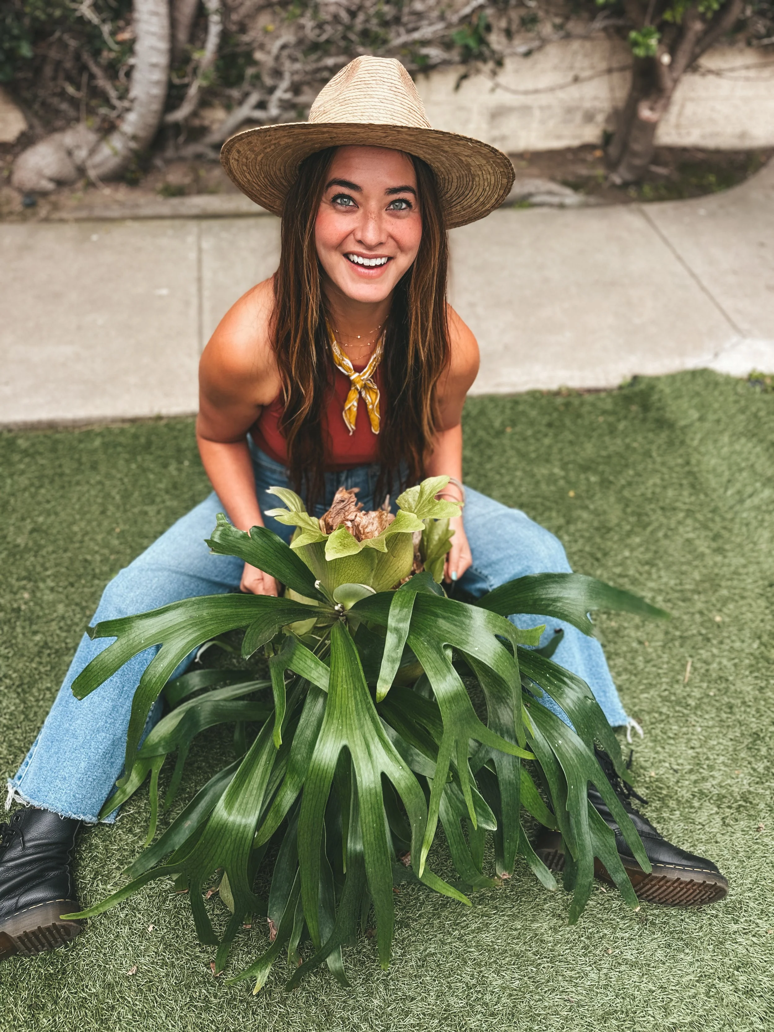 Young woman sitting cross-legged outdoors on artificial grass, smiling, wearing a large straw hat, a red top, blue jeans, and black shoes, holding a potted plant with large green leaves.