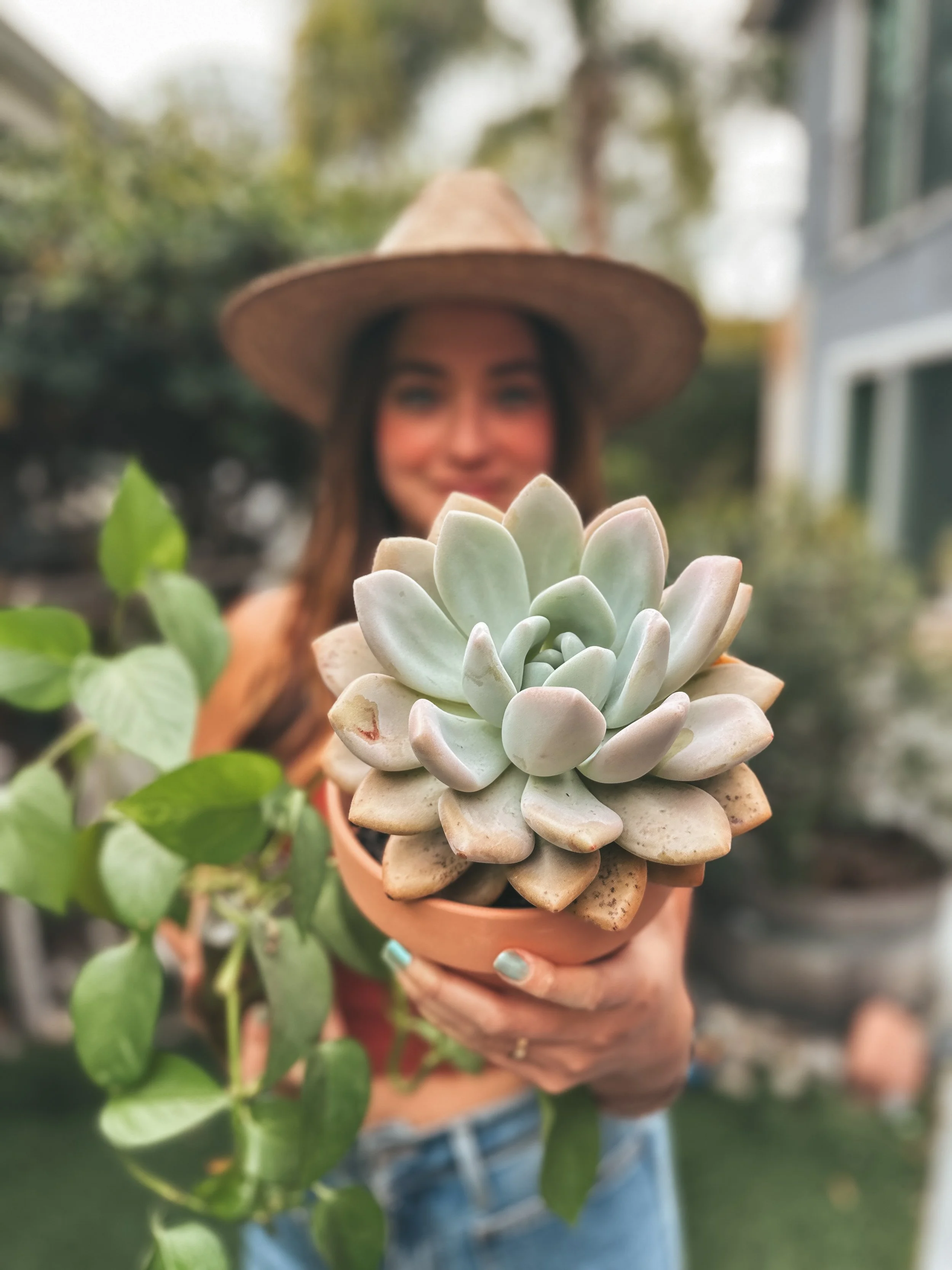 Woman holding a potted succulent plant, wearing a wide-brimmed straw hat in an outdoor garden setting.