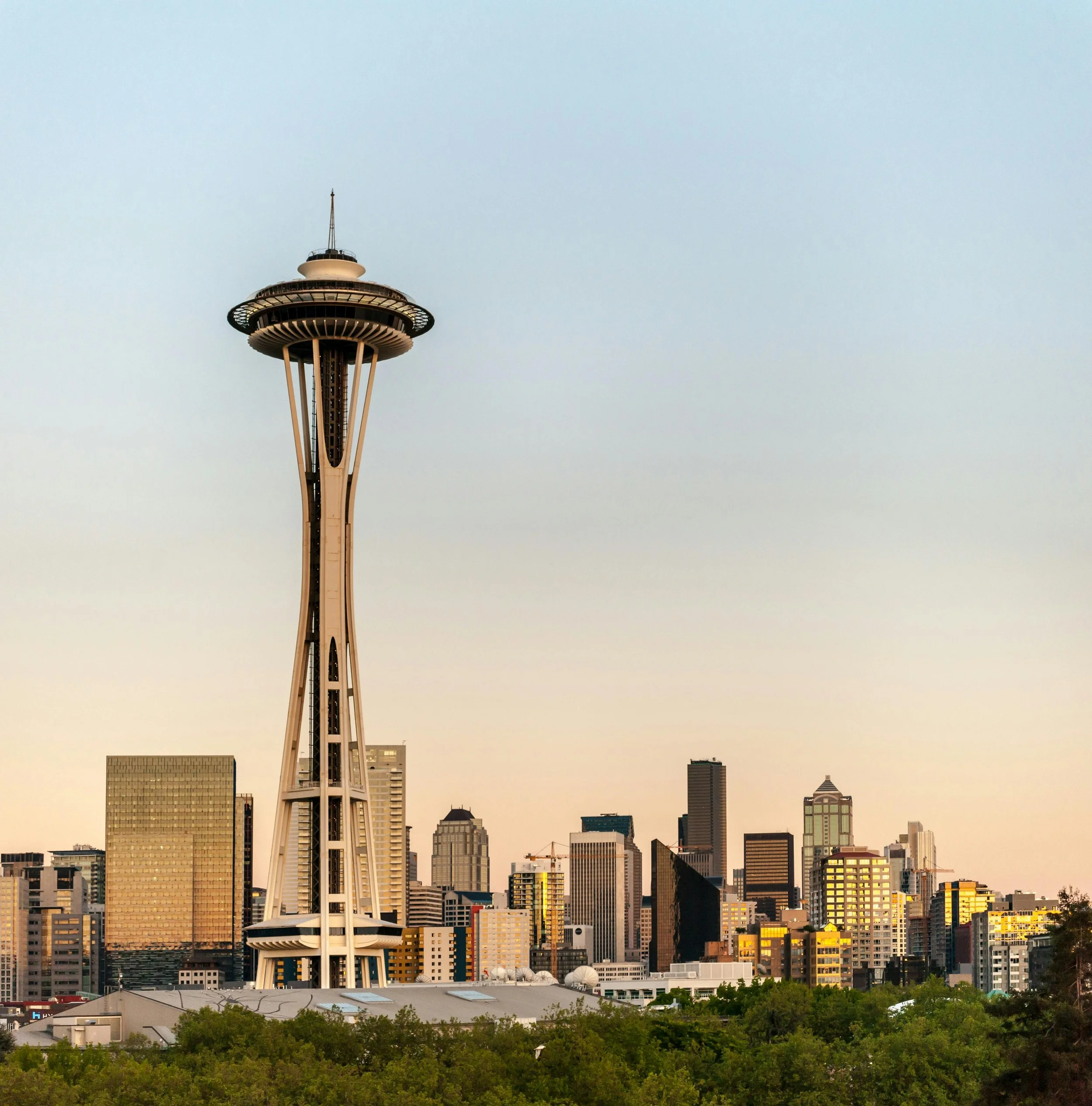 Seattle skyline featuring the Space Needle during sunset.