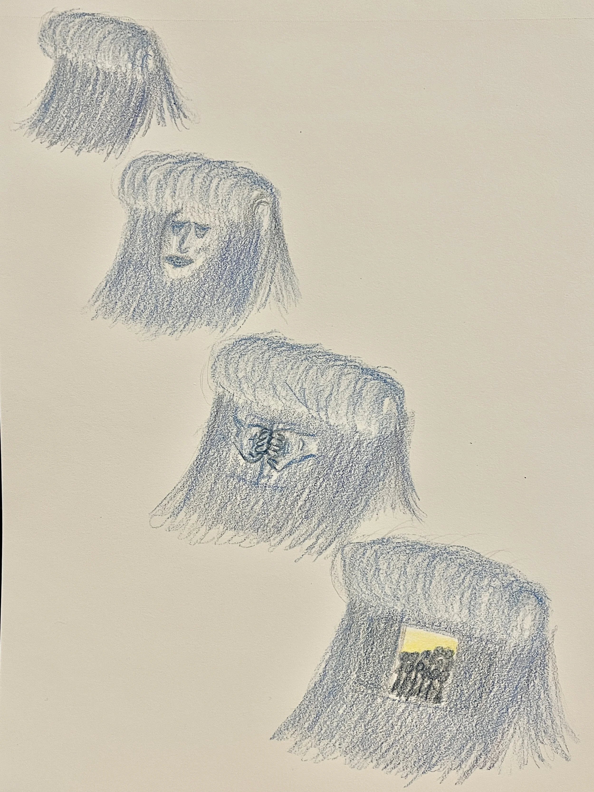 Colored pencil rendition of Lauren's dream broken down to four blue, ocean wave stills. The second wave has a face in it. The third wave has hands pulling open doors. The fourth wave shows a group of backlit people in the doorway of the wave.