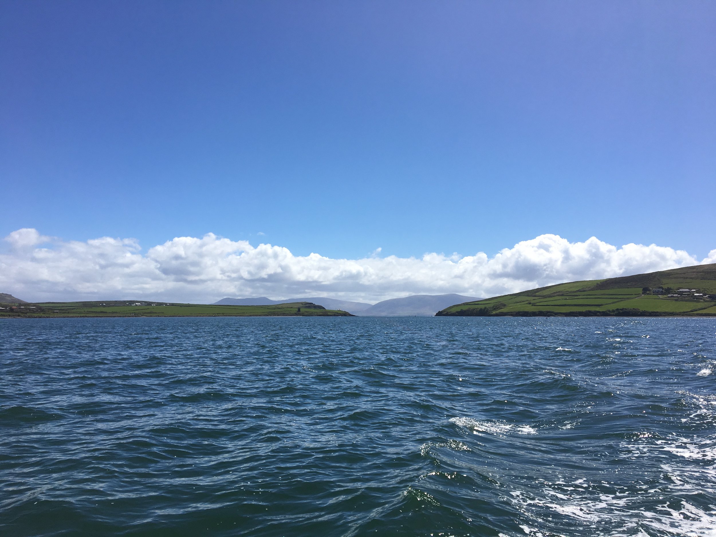 Photo of Dingle Harbor, Ireland on a sunny, blue sky day. Green hills rise in the distance under white clouds.