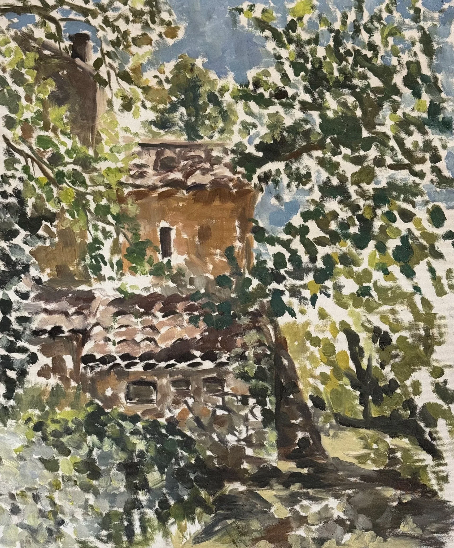 Impressionist oil painting of an old stone building called Chateau Noir, a manor in Aix en Provence frequently painted by Paul Cezanne, partially hidden by leafy green trees, by Anna Ford.