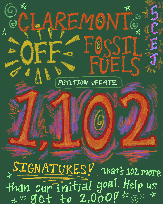 Colorful chalkboard drawing protesting against fossil fuels in Claremont, highlighting that 102 signatures have been collected for a petition update to reach 2,000 signatures.