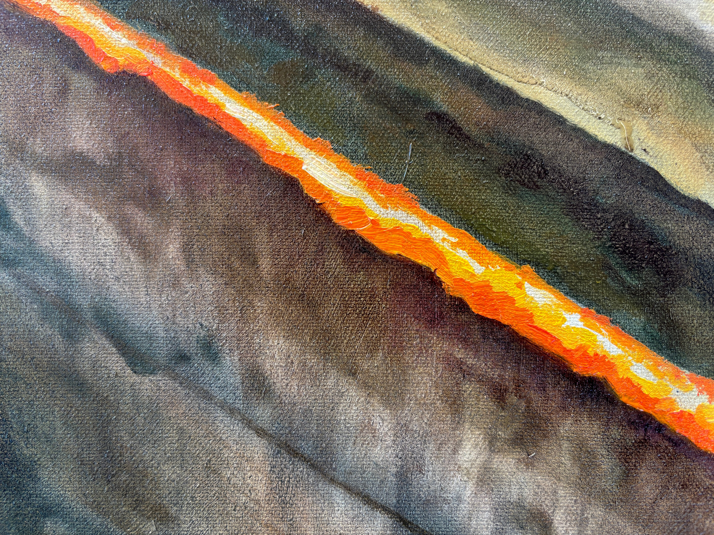 Close-up of a colorful abstract oil painting with shades of orange, yellow, and gray, featuring textured brushstrokes, by Anna Ford.