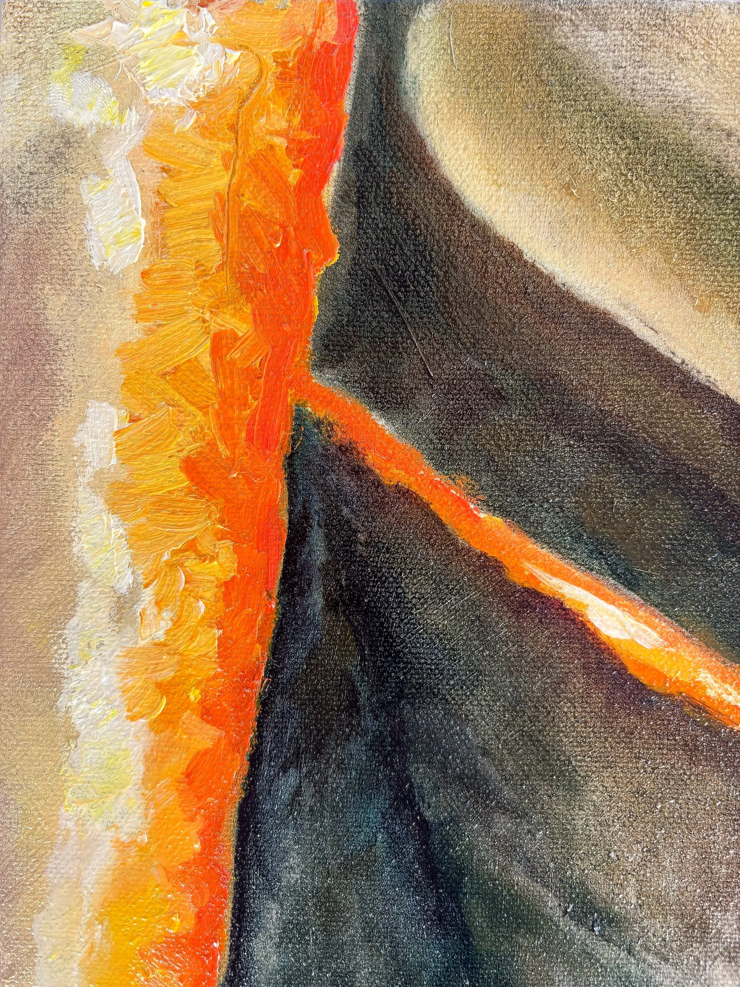 Close-up of an abstract oil painting featuring a vertical band of bright yellow and orange paint on the left side and a black and beige background with an orange line across the center, by Anna Ford