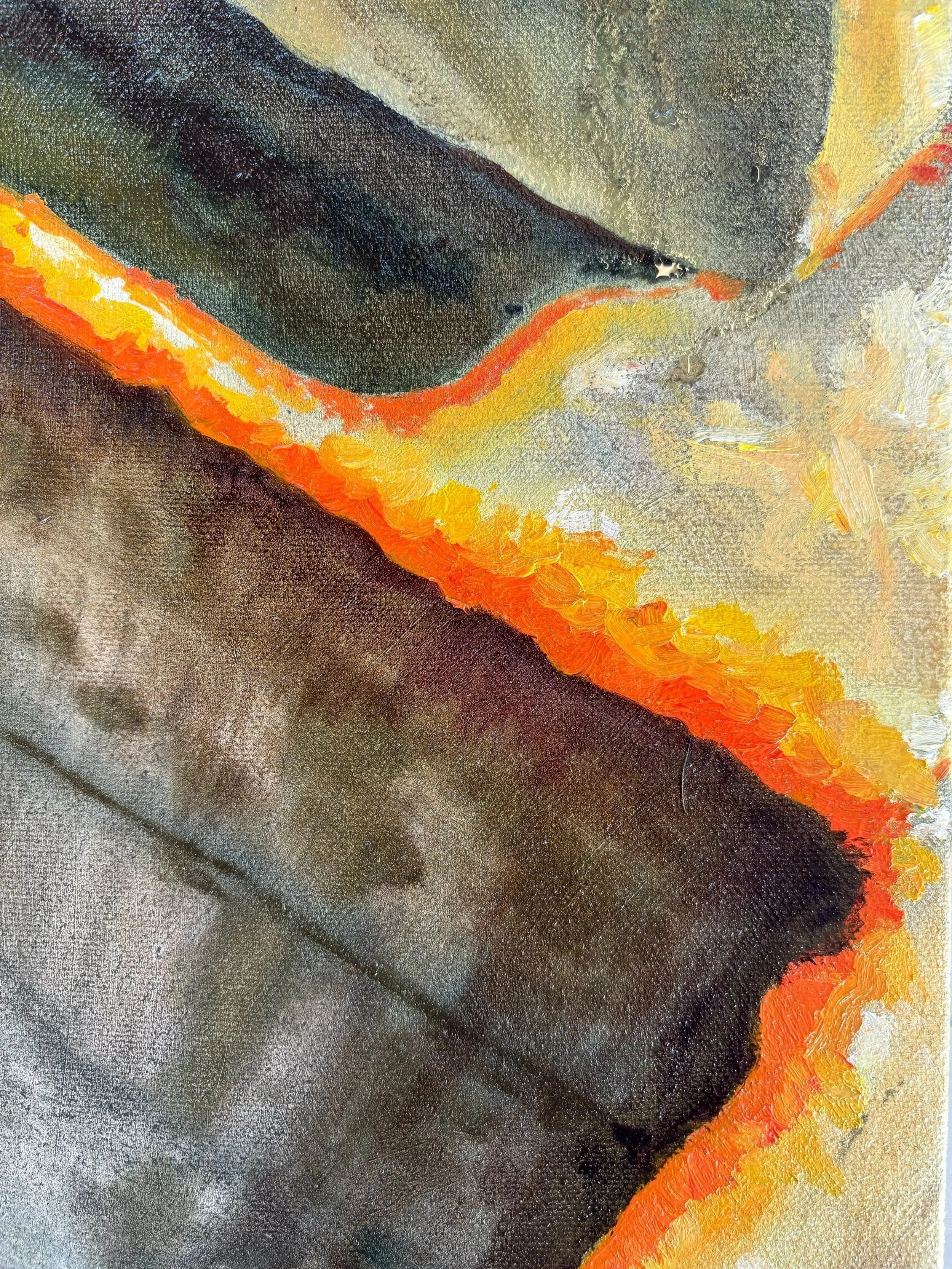 Close-up abstract oil painting featuring bold black, yellow, and orange, with textured brushstrokes, by Anna Ford