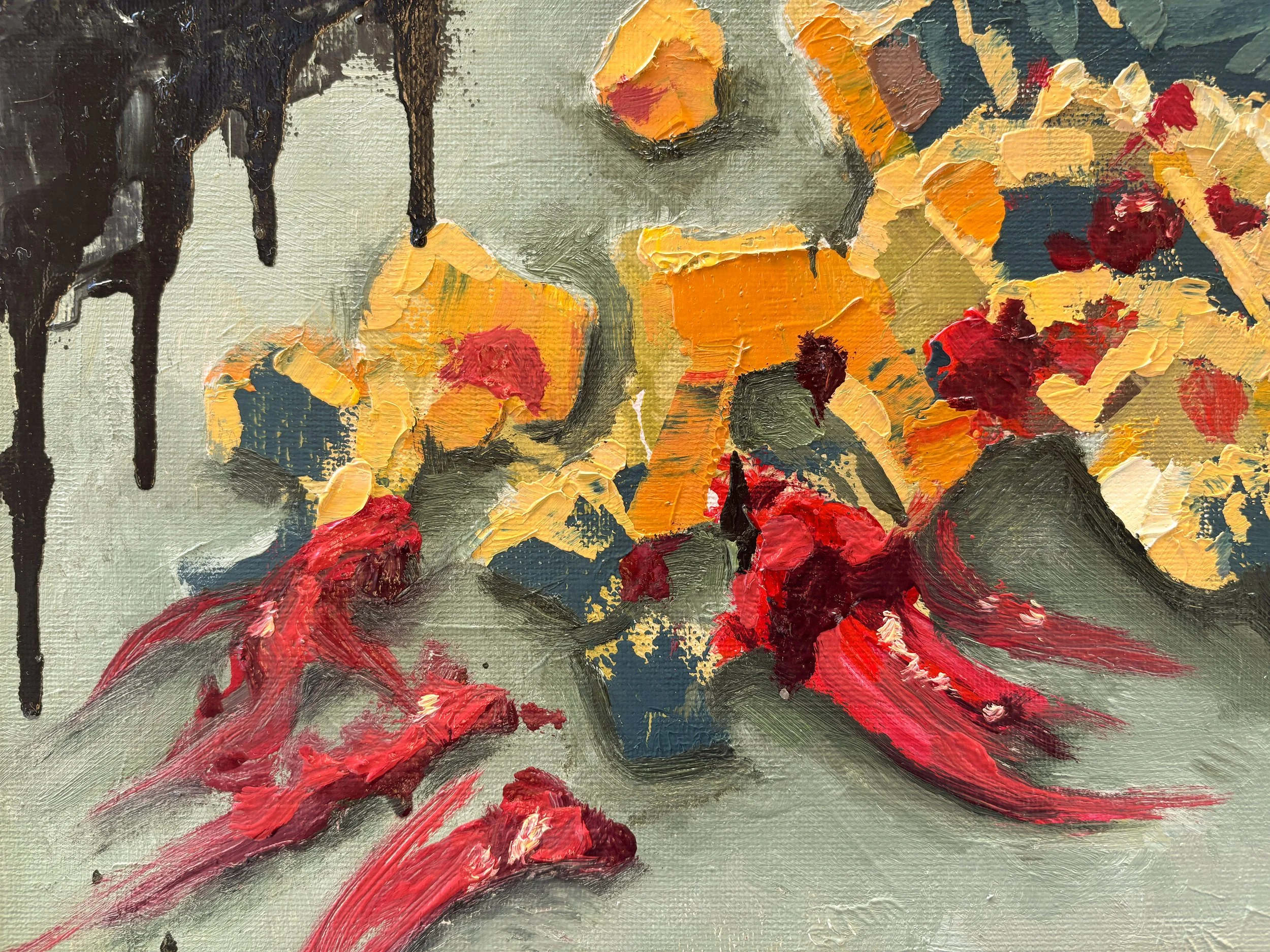 Close-up of an abstract oil painting of a cake with orange, blue, and beige geometric shapes and a red flowers on a dark textured background, by Anna Ford