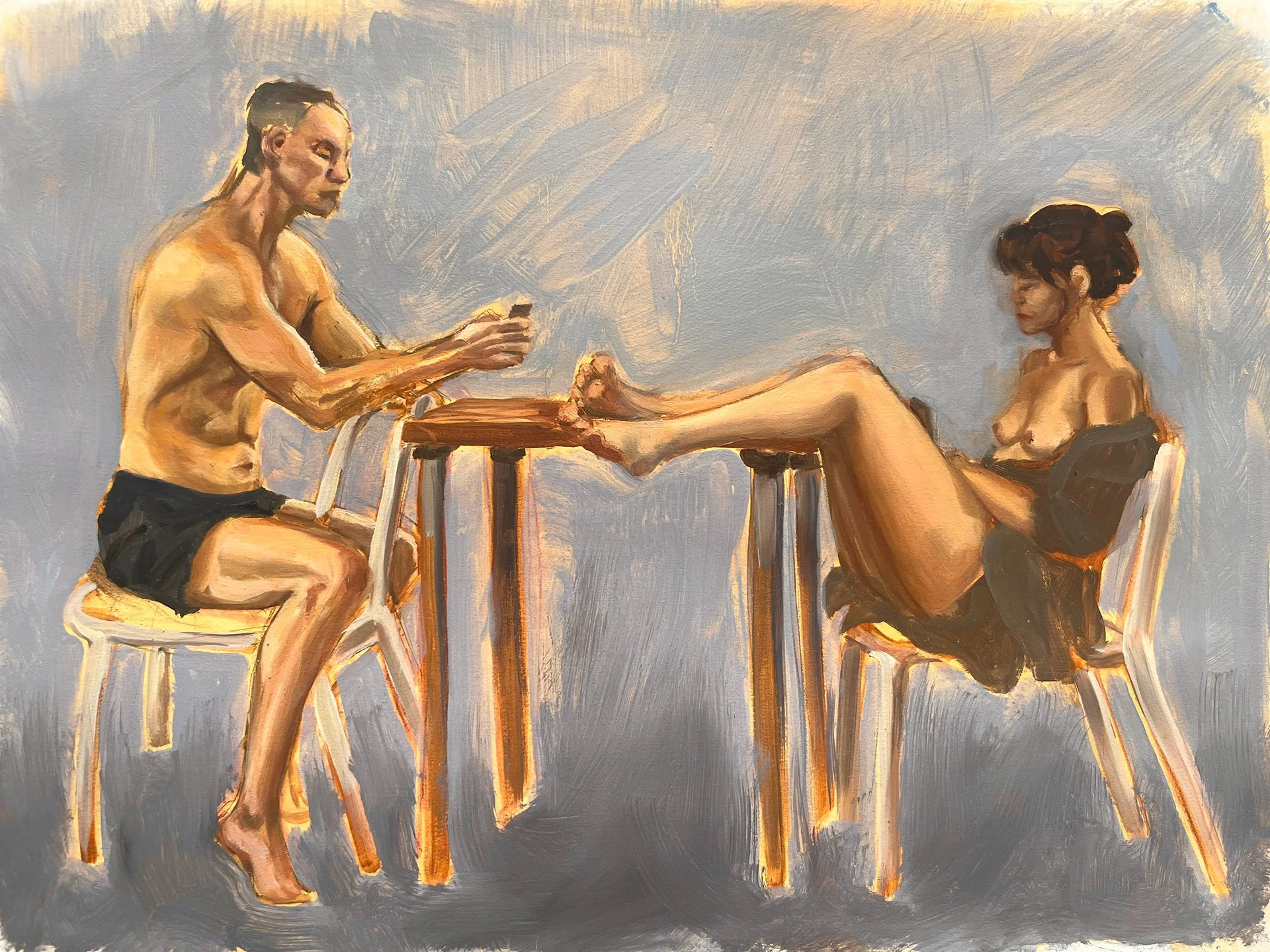 Oil painting of a shirtless man with black shorts sitting on a chair. The woman is sitting on a chair, wearing black shorts, with her hair tied in an updo. The scene is set against a neutral background with visible brushstrokes. Painted by Anna Ford.