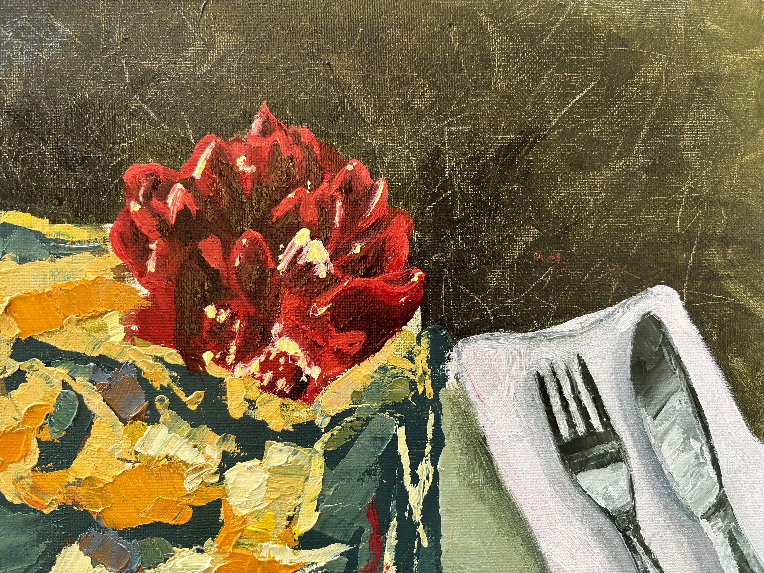 Close-up of an abstract oil painting of a cake with orange, blue, and beige geometric shapes and a red flowers on a dark textured background, by Anna Ford