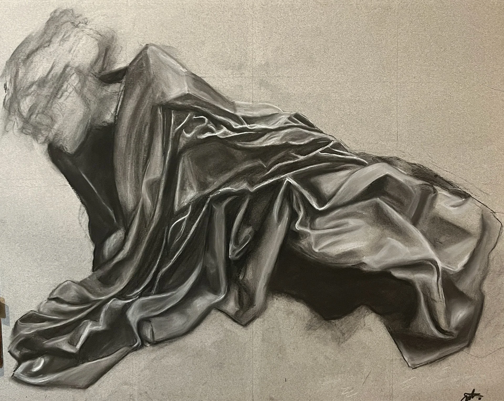 A realistic charcoal pencil drawing of a crumpled piece of fabric on a woman by Anna Ford.