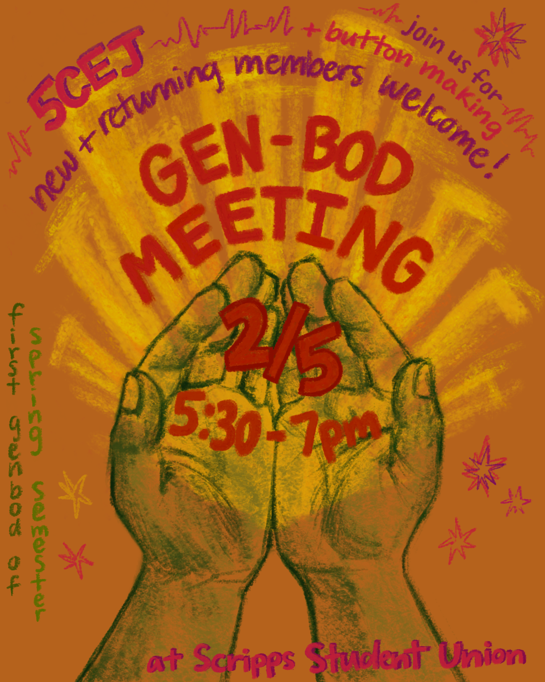 Poster promoting a gen-bod meeting at Scripps Student Union. It features a sketch of hands coming together with text highlighting date, time, and other details in colorful, handwritten style.