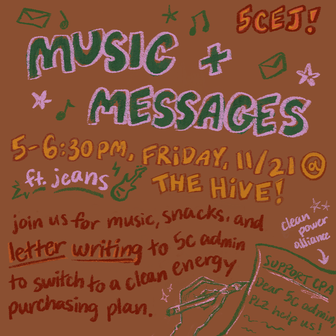 Colorful hand-drawn poster for music messages event at The Hive on Friday, November 21 from 5 to 6:30 PM. Features music notes, text about joining for music and snacks, and a hand sketch of a pen with writing support CPA letter.