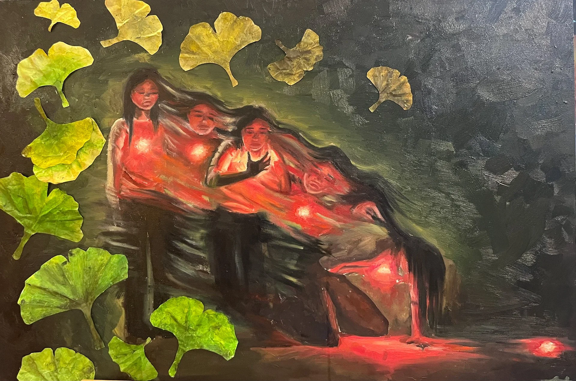A painting of six women morphing into each other with ginkgo leaves surrounding them. The women are depicted with flowing black hair and vibrant red and orange clothing, set against a dark background, by Anna Ford