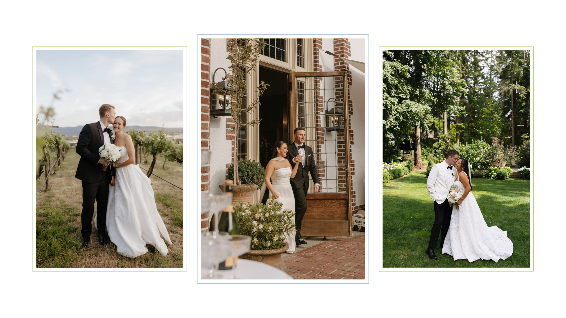 Three wedding photos side by side, featuring couples in wedding attire, in outdoor and indoor settings.