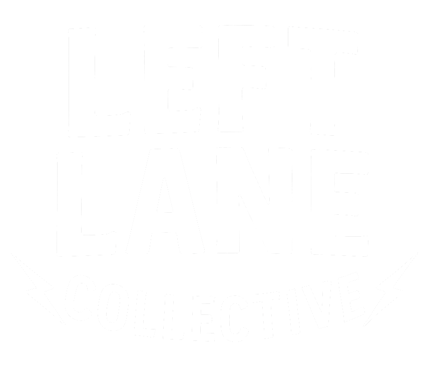 Black and white logo with the words 'Left Lane Collective' in bold, uppercase font, with lightning bolt graphics on each side of the word 'Collective'.