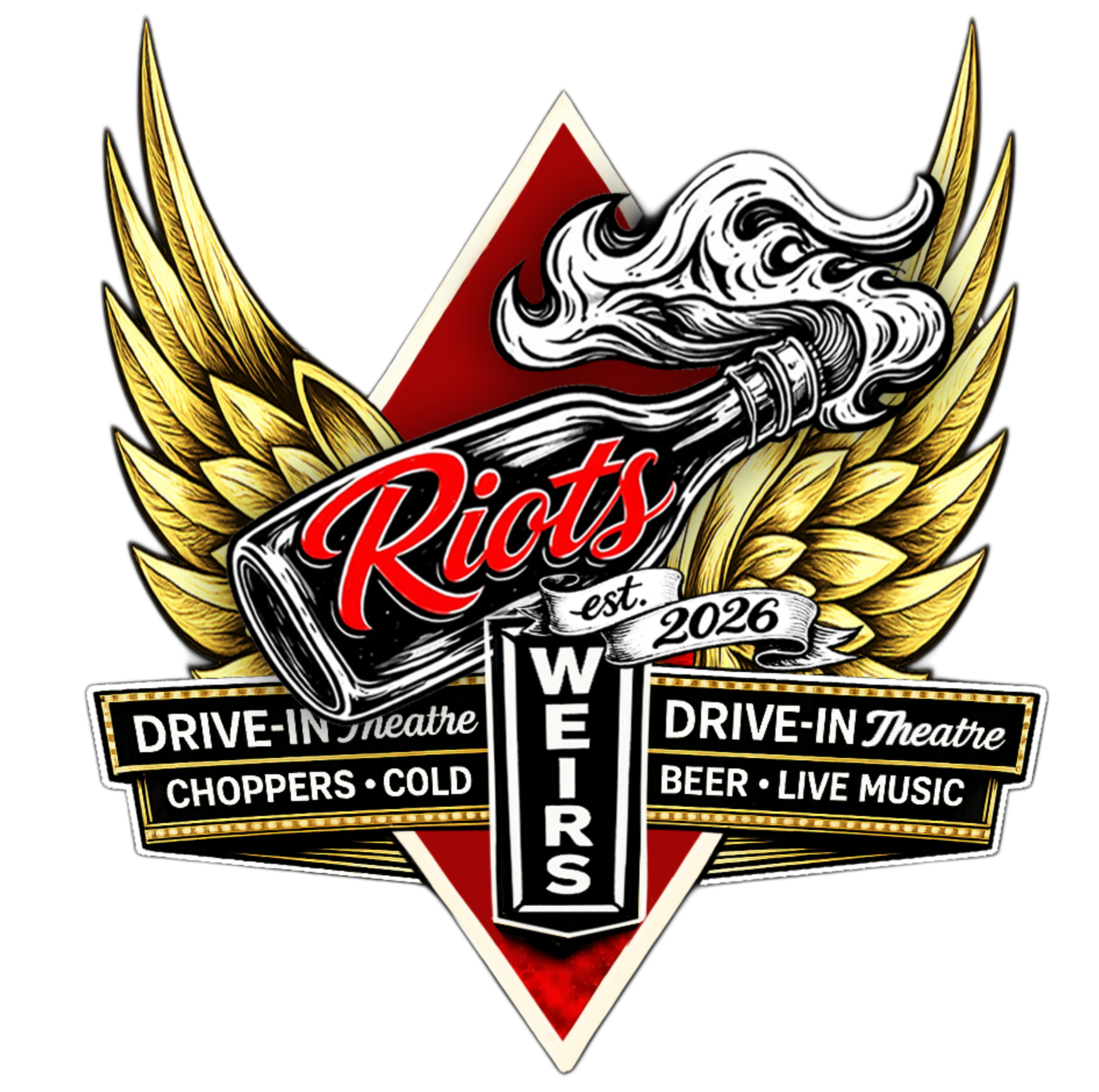 A graphic promoting a live music venue established in 2026, featuring wings, a marquee with the words  'Drive-In Theatre', 'Choppers' 'Cold Beer' 'Live Music'.