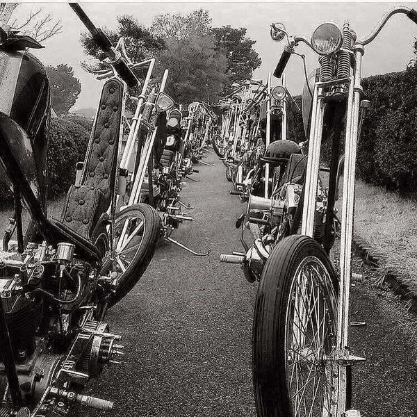 A row of vintage motorcycles parked side by side on a rural road with trees in the background, all captured in black and white.