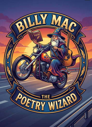 Illustration of Billy Mac, the poetry wizard, riding a motorcycle on a highway during sunset. He is dressed like a wizard with a hat, holding a poem book, and playing a guitar.