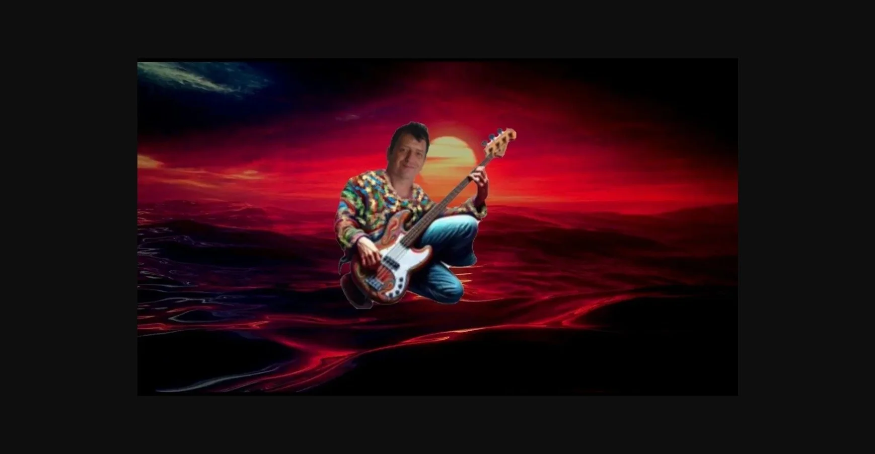 A person with a human head, wearing a colorful shirt, is floating on water during a sunset and playing an electric bass guitar.