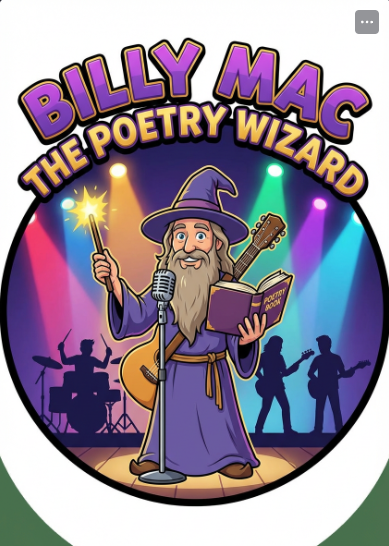 Cartoon illustration of Billy Mac the Poetry Wizard, dressed as a wizard in purple robes and hat, holding a magic wand and a book titled 'Poetry Book.' He stands in front of a microphone with a yellow glow, with a band playing drums and guitars in si