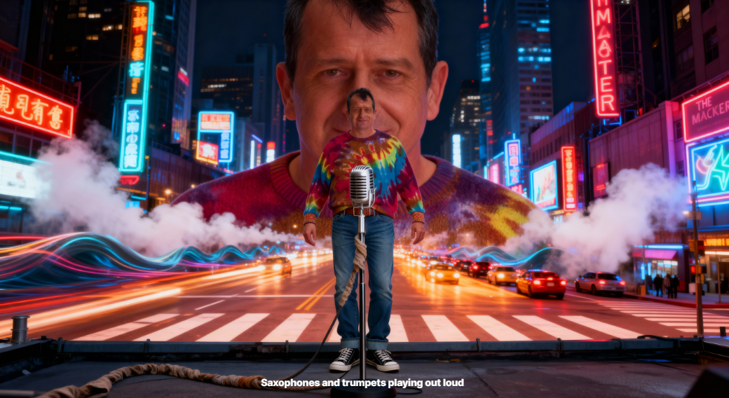 A man standing on a stage holding a microphone, wearing a colorful tie-dye sweater, with a large photo of another man's face in the background of a vibrant city street filled with neon signs, smoke, and traffic lights, creating an energetic urban sce