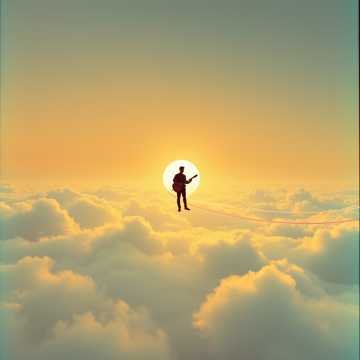 A person holding a guitar standing on clouds during a sunset or sunrise.