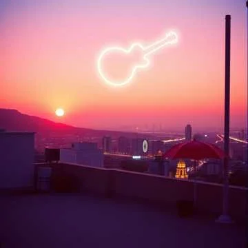 Sunset view of a cityscape with a neon guitar-shaped sign in the sky.