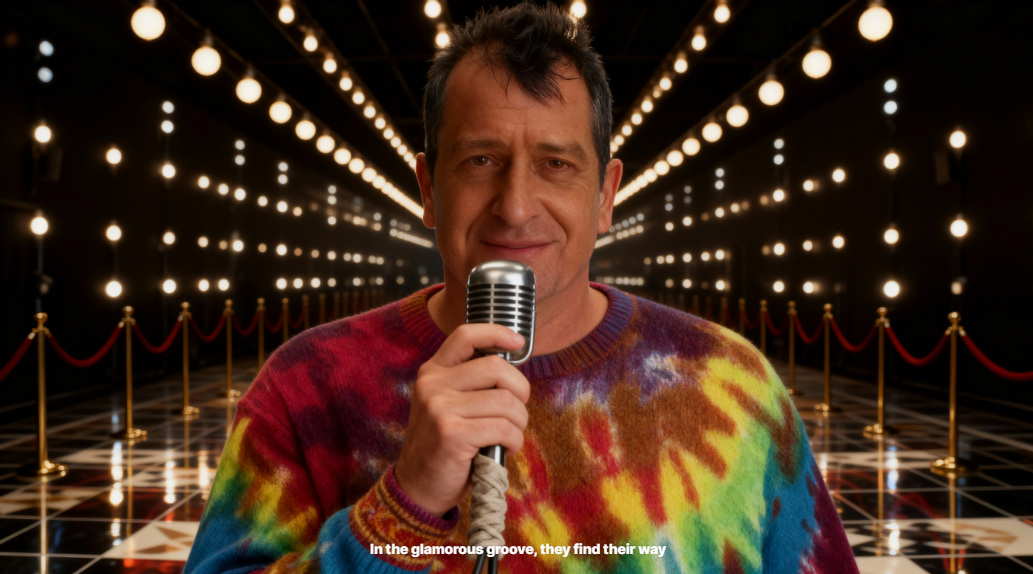 A man in a colorful tie-dye sweater holding a vintage microphone, standing on a glamorous red carpet with bright lights and velvet ropes.