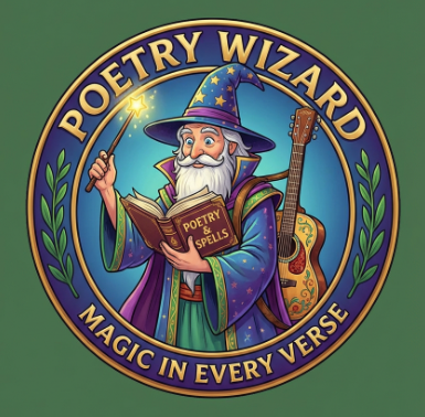 Illustration of a wizard holding a wand and an open book labeled 'Poetry & Spells', with a guitar on his back. The image has a circular border with the text 'Poetry Wizard' at the top and 'Magic in Every Verse' at the bottom.