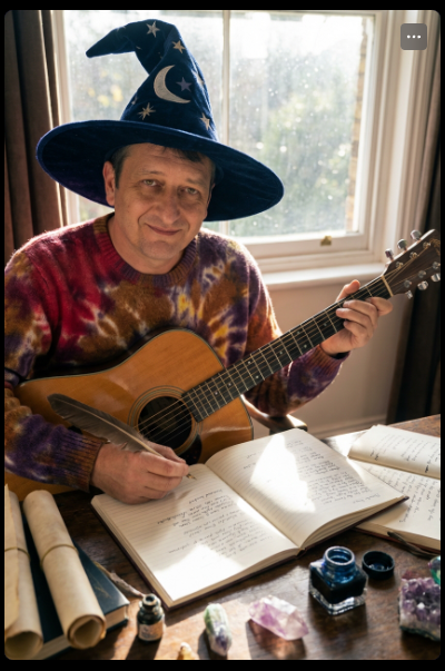 A man wearing a wizard hat and a colorful tie-dye sweater, sitting at a table, playing an acoustic guitar with open books and ink bottles nearby, by a window.