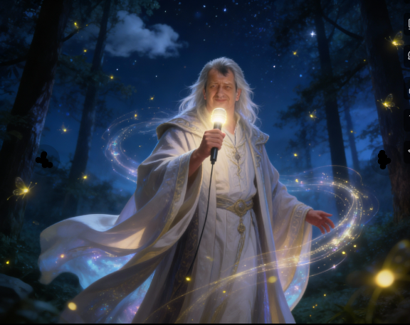 A person dressed as a wizard standing in a magical forest at night, holding a glowing staff with light swirling around them and sparkles in the background.