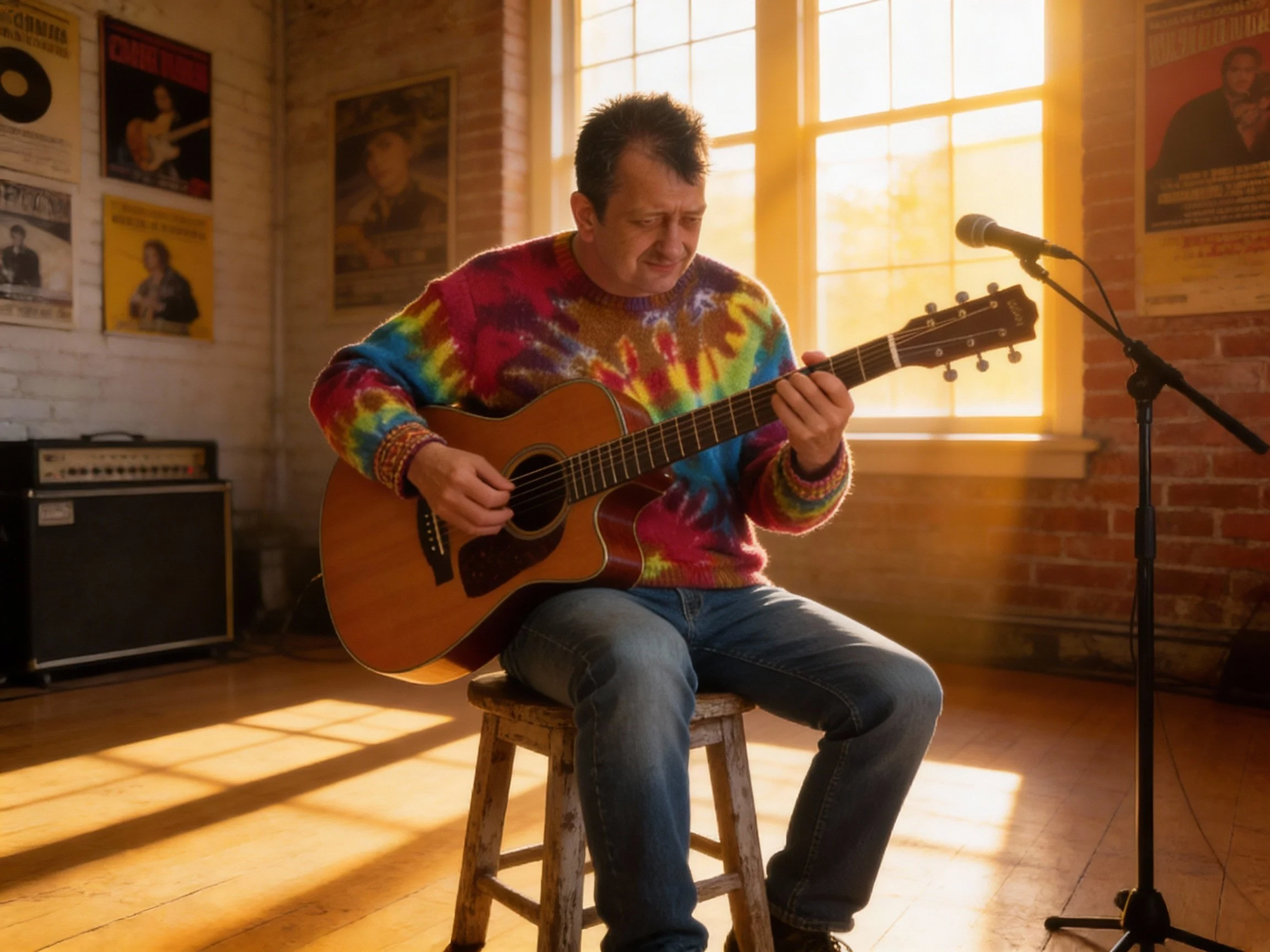 A man sitting on a wooden stool, playing an acoustic guitar in a room with brick walls and posters on the wall, illuminated by warm sunlight through a large window.
