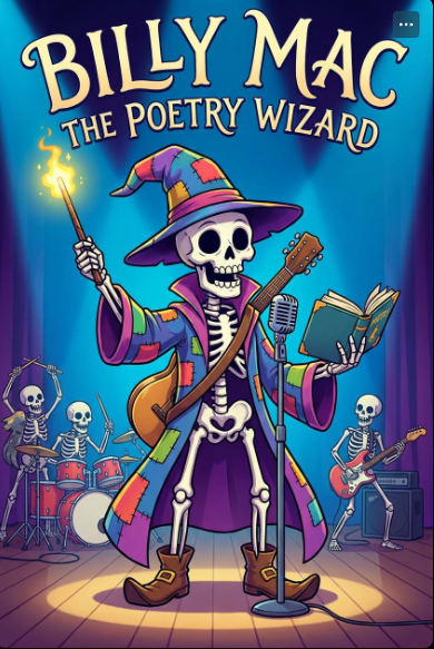 Cover art for Billy Mac's "The Poetry Wizard" featuring a skeleton wearing a purple wizard hat and cloak, holding a magic wand and a book, with a skeleton band playing instruments in the background.