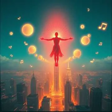 A person levitating above a city skyline with bright lights, surrounded by floating musical notes and glowing orbs under a colorful sky.