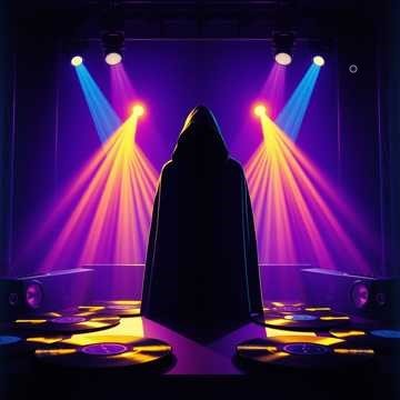 A person in a dark cloak standing on a stage with colorful stage lights shining behind them.