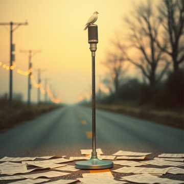 A bird perched on a tall lamp post in the middle of a deserted road at sunset, with scattered papers on the ground.