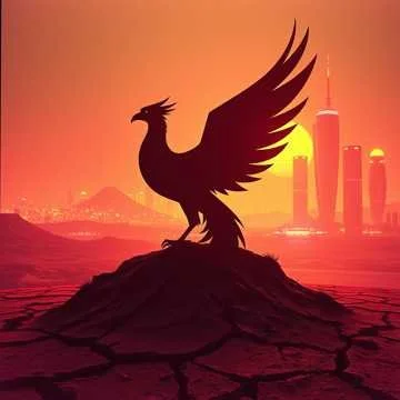 Silhouette of a phoenix atop a small hill with a city skyline in the background at sunset.