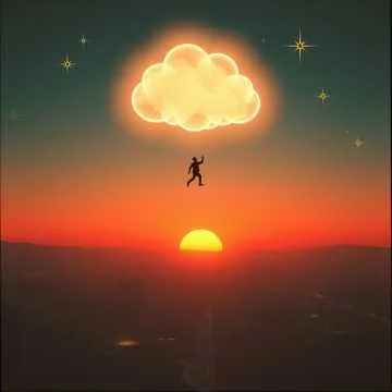 A surreal illustration of a person floating beneath a glowing cloud in a sunset sky with stars and a setting sun.