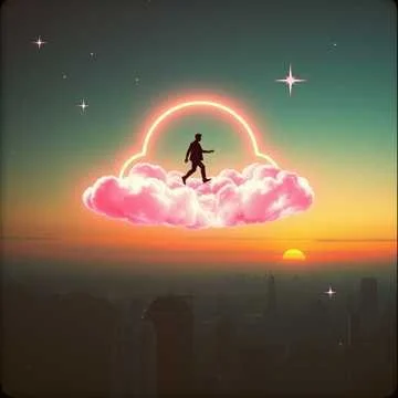 A person walking on a pink cloud with a neon sun and stars in the sky, creating a surreal, dreamlike scene over a city skyline at sunset.